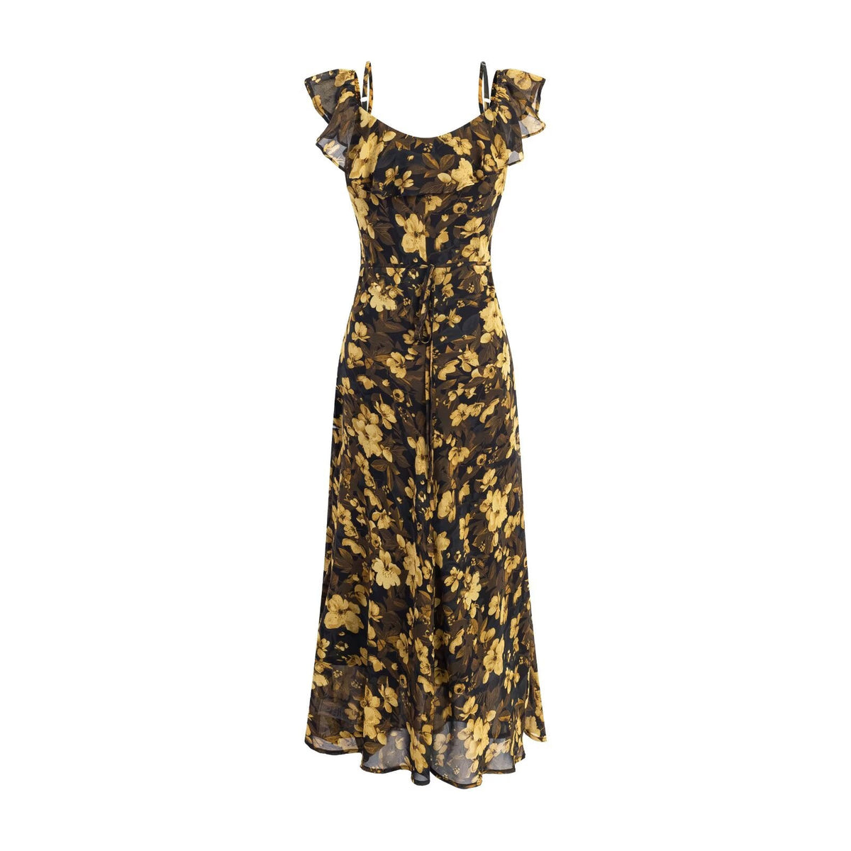 Vintage Floral Ruffled Stitching Elegant Dress Summer Tight Waist Slim Fit Seaside Holiday Midi Dress Women