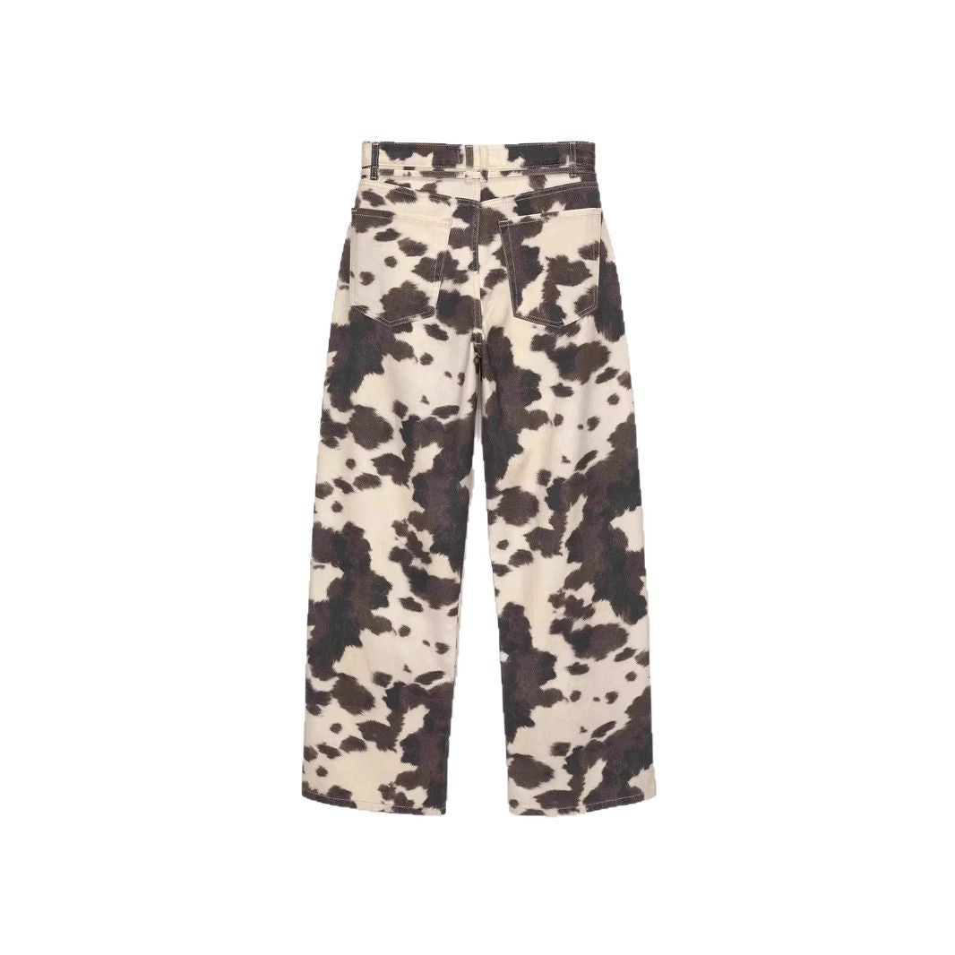 Style Vintage Straight Leg Jeans with Cow Print Washed Tie-Dye Denim Trousers Loose Long Pants Trendy
