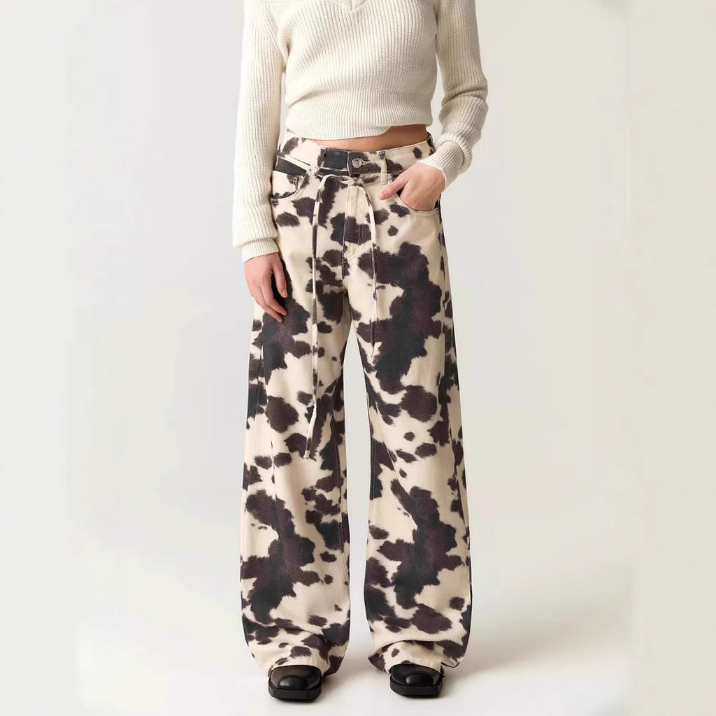 Style Vintage Straight Leg Jeans with Cow Print Washed Tie-Dye Denim Trousers Loose Long Pants Trendy