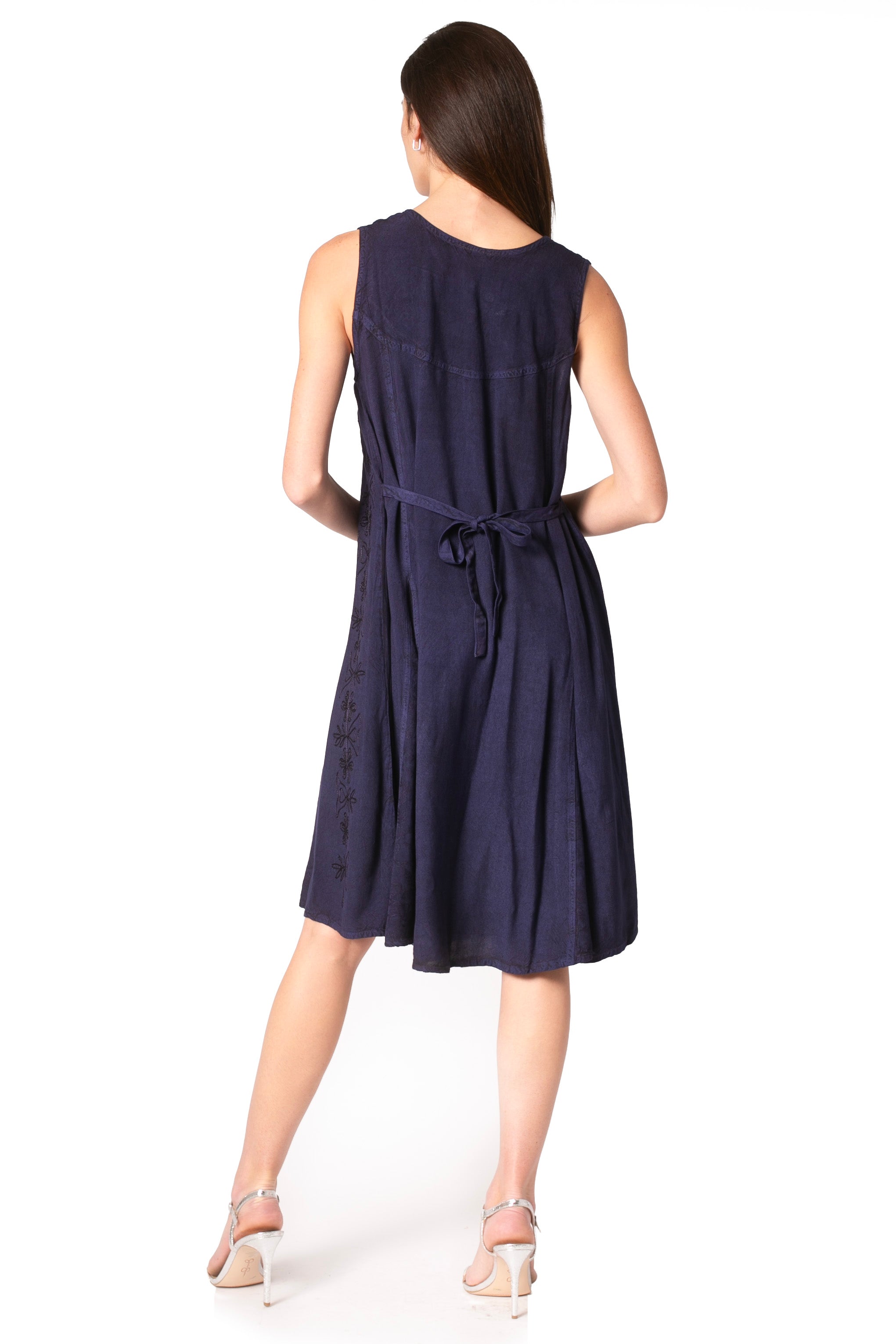Sakkas Maya Midi Floral Embroidered Sleeveless Button Up Rayon Dress