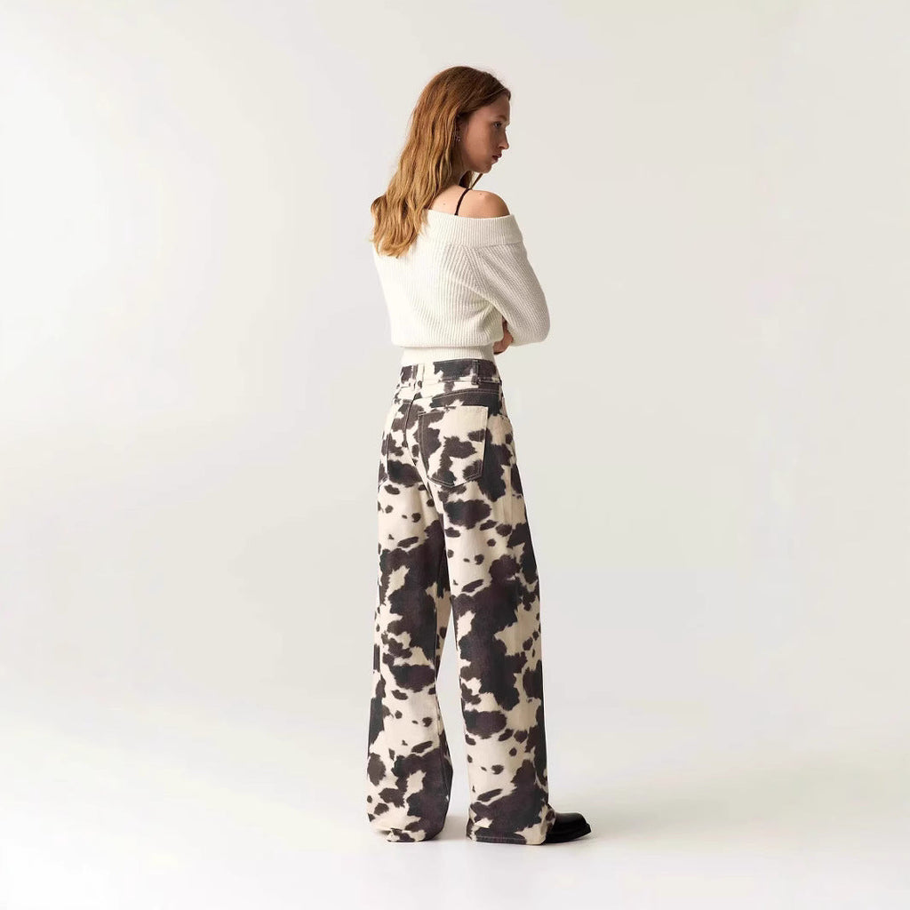 Style Vintage Straight Leg Jeans with Cow Print Washed Tie-Dye Denim Trousers Loose Long Pants Trendy