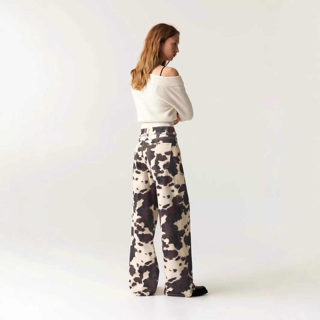 Style Vintage Straight Leg Jeans with Cow Print Washed Tie-Dye Denim Trousers Loose Long Pants Trendy