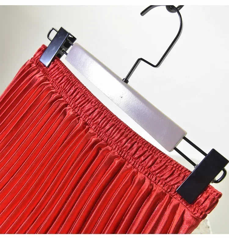 Classic Golden Velvet Pleated Skirt High Waist Retro Style Fashion Office Lady Pleated Long Skirt Winter Velvet Skirt 90cm Long