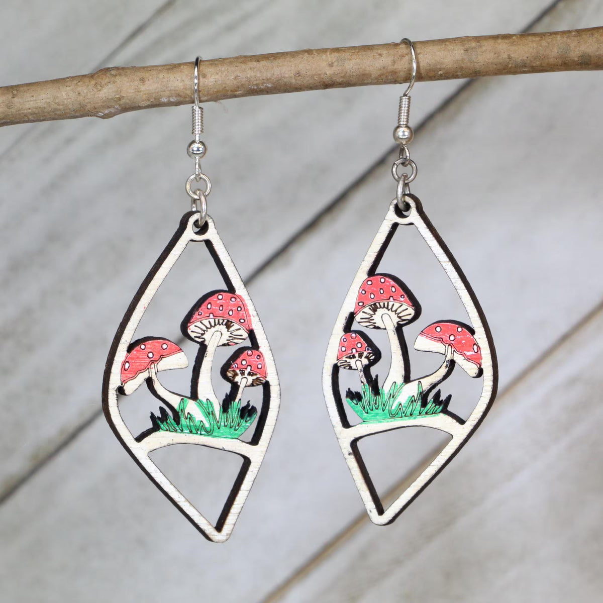 Red Mushroom Garden Wooden Dangle Earrings | Cottagecore Nature Jewelry
