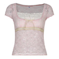 Trim Crop Top Bow Cute Sweet T Shirt Women Retro Short Sleeve Lace Patched Tshirt