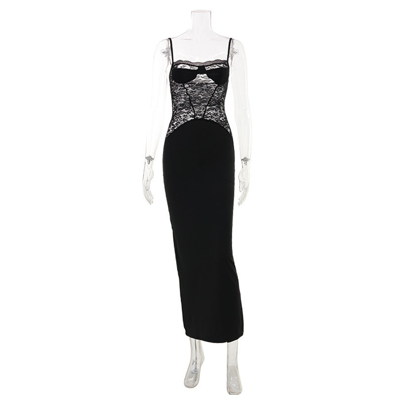 Women Sexy Maxi Dress Strap Lace Stitching Dress for Women
