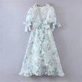 Floral Print Dress Bubble Sleeve Retro Princess Dress Spring Summer Wooden Ear Large Swing Women Dress Sheer