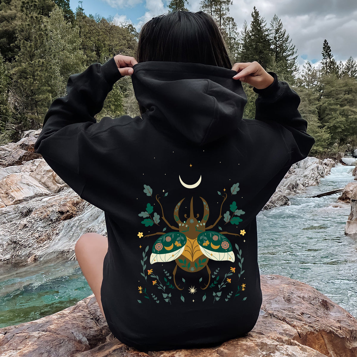 Ferns Mystical Animal Retro Floral Forest Night Sky Design Artwork Vintage Inspired Hoodie