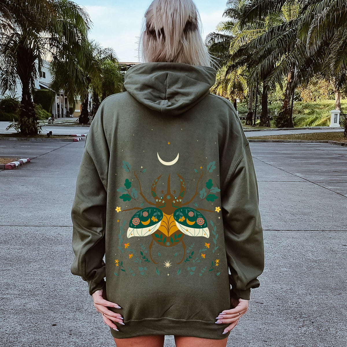 Ferns Mystical Animal Retro Floral Forest Night Sky Design Artwork Vintage Inspired Hoodie
