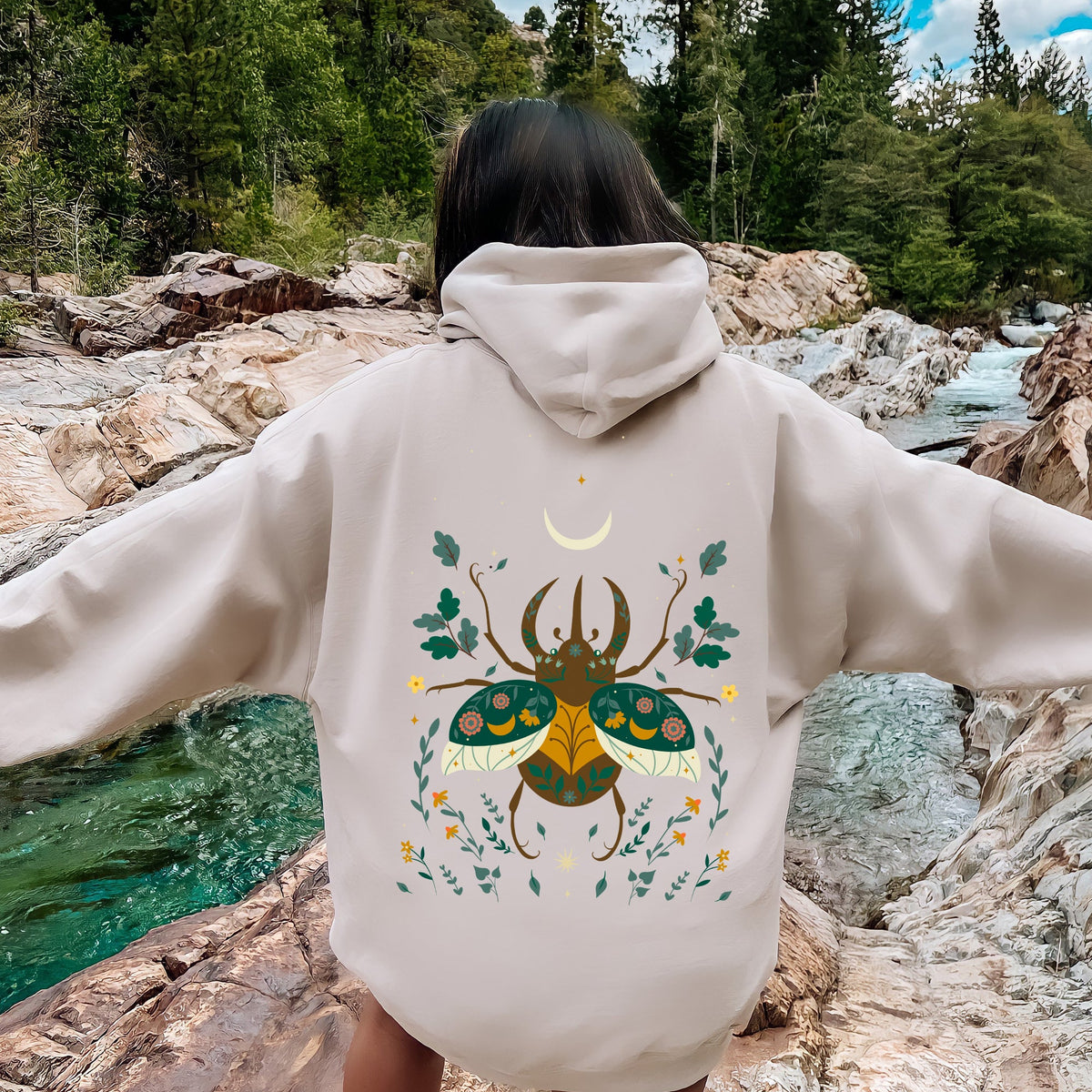 Ferns Mystical Animal Retro Floral Forest Night Sky Design Artwork Vintage Inspired Hoodie