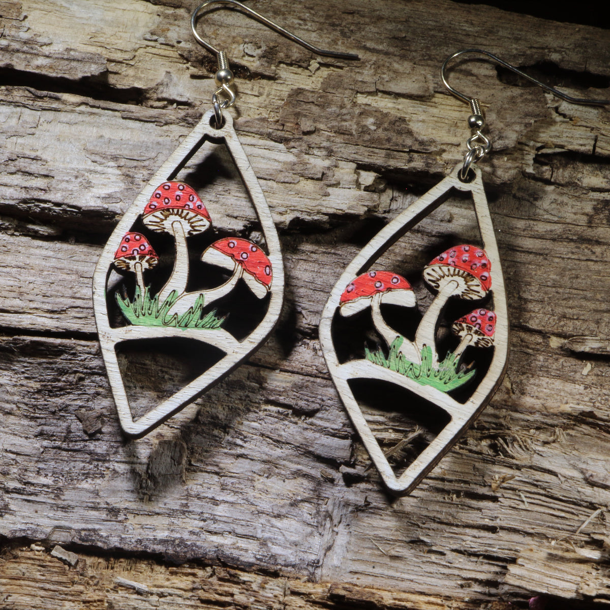 Red Mushroom Garden Wooden Dangle Earrings | Cottagecore Nature Jewelry