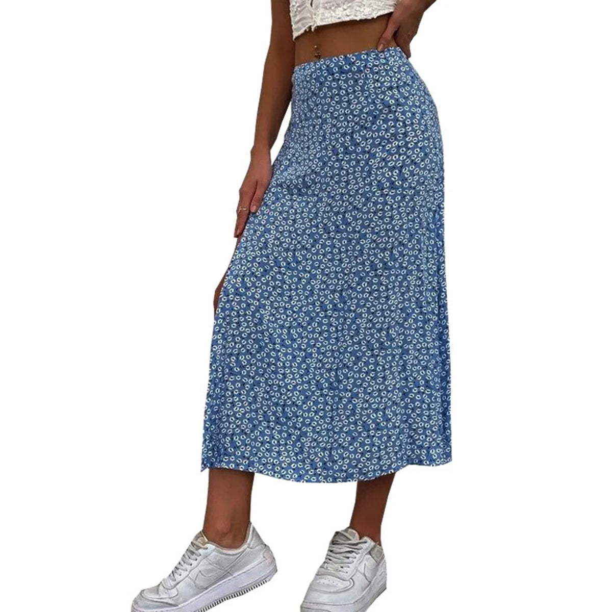 Harajuku Floral Print Long Skirt Vintage High Rise Straight Midi Skirts For Women Summer Skinny Bohemian Split Beach Skirts Y2k