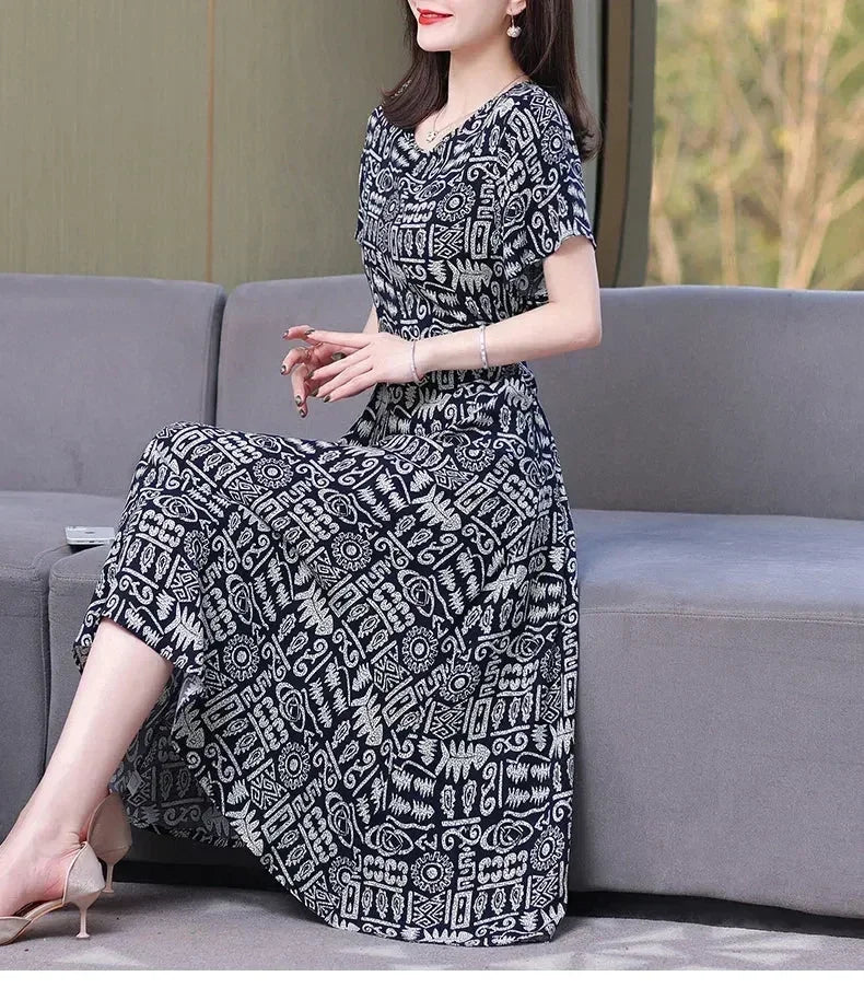 New Fashion Casual 2024 Summer Elegant Dresses For Women O-Neck Print Vintage Short Sleeve Dress Loose Women Clothing