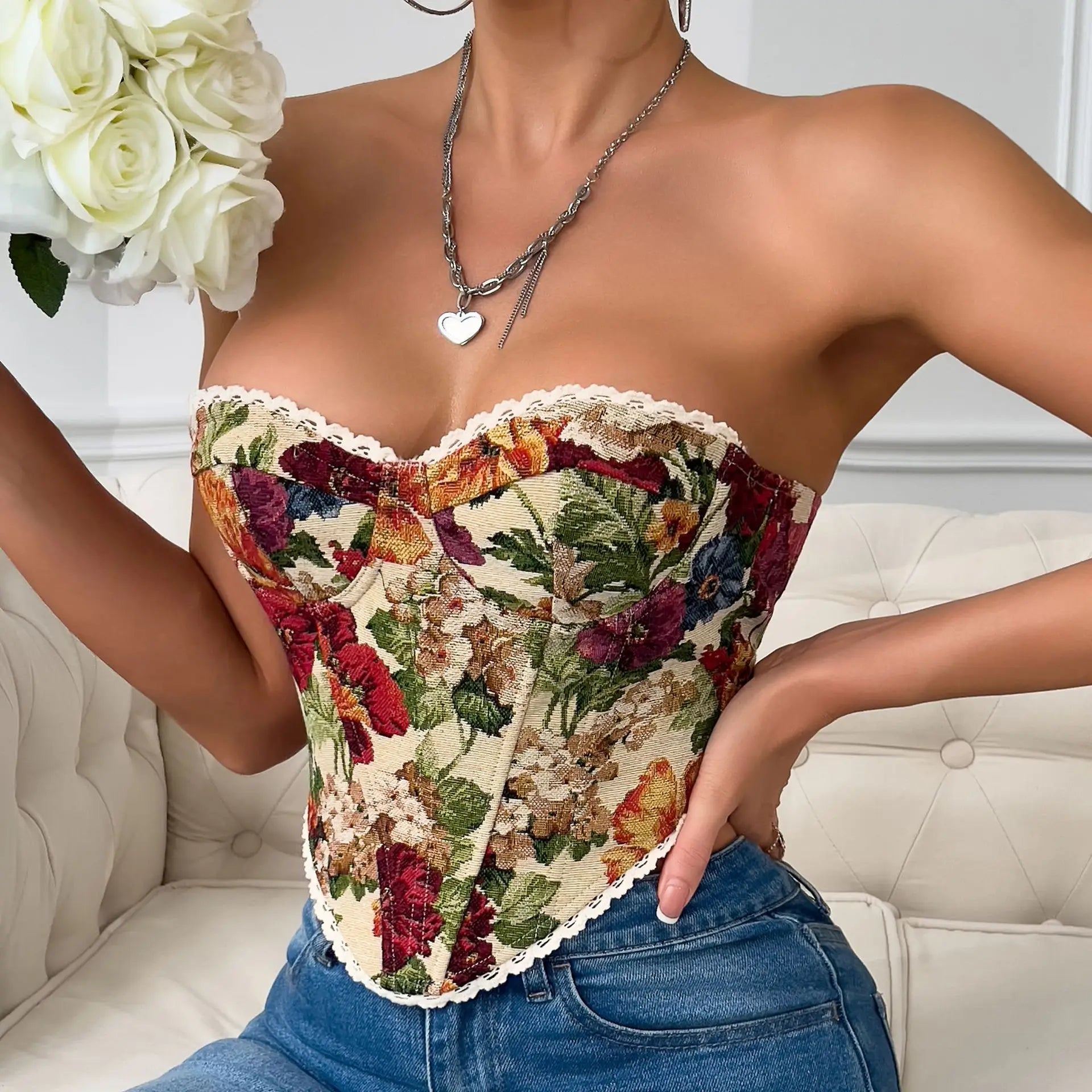Phantasy French Vintage Women's Tanks Cottagecore Lace Crop Top Y2k Hotsweet Floral Print Fishbone Camisole 2026 Summer Clothing