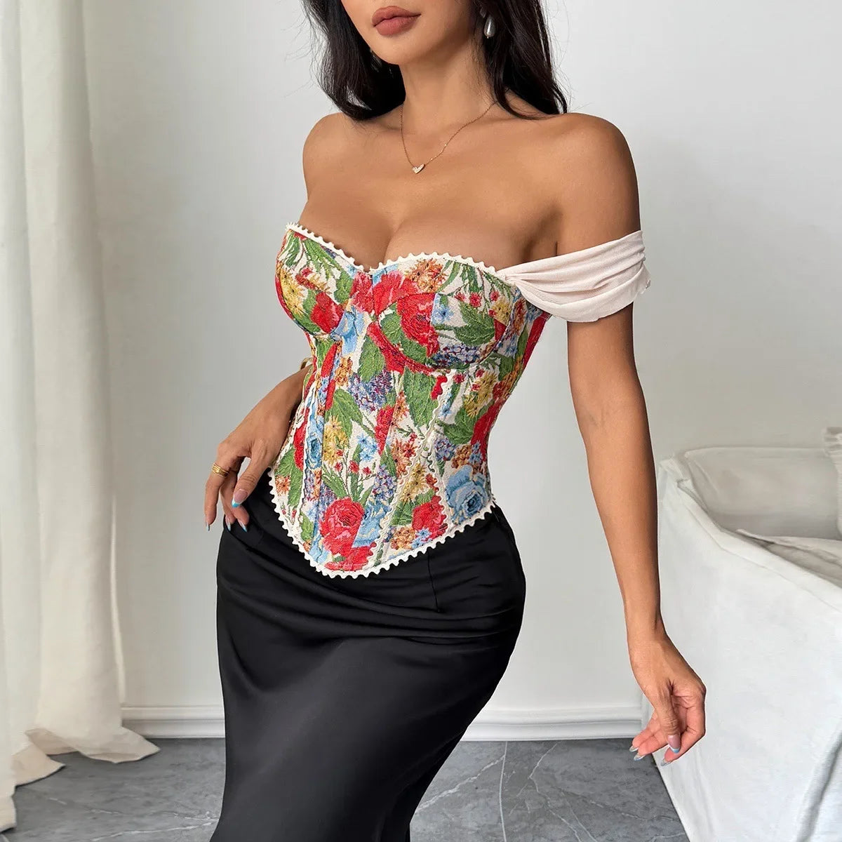 Retro Red Floral Print Corset Tank Top Sexy Back Criss Cross Bandage Bustier Lace Trim Night Club Party Slim Fishbone Camisole