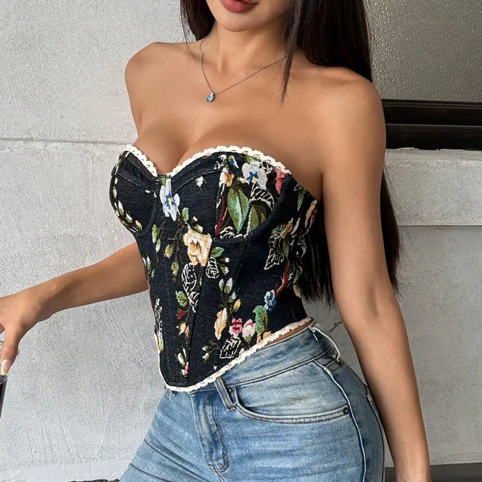 Phantasy French Vintage Women's Tanks Cottagecore Lace Crop Top Y2k Hotsweet Floral Print Fishbone Camisole 2026 Summer Clothing