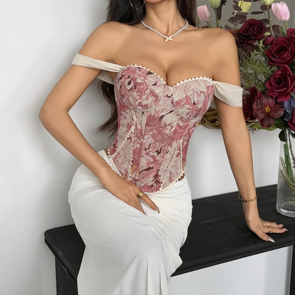 Retro Red Floral Print Corset Tank Top Sexy Back Criss Cross Bandage Bustier Lace Trim Night Club Party Slim Fishbone Camisole