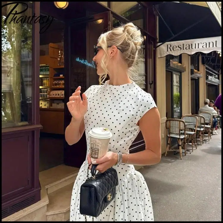Phantasy Vintage Polka Dot Dress Women Fashion Short Sleeved Corset Maxi Dress Lady French Style Long Gown 2026 Summer Clothes