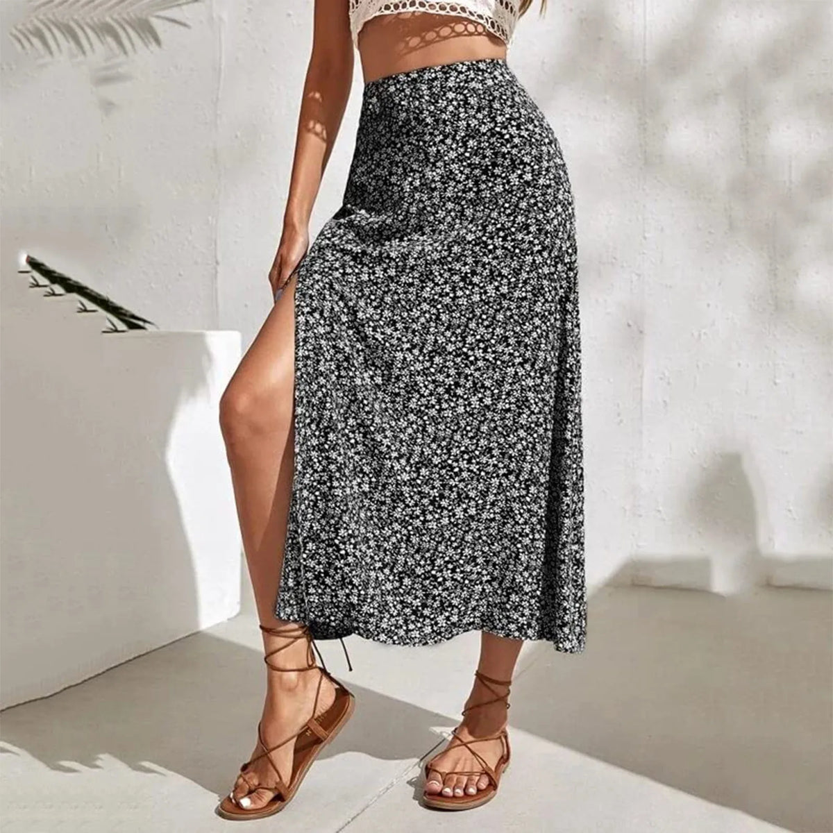 Harajuku Floral Print Long Skirt Vintage High Rise Straight Midi Skirts For Women Summer Skinny Bohemian Split Beach Skirts Y2k