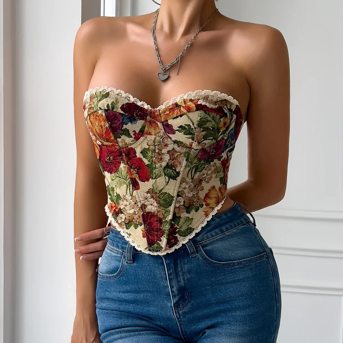 Phantasy French Vintage Women's Tanks Cottagecore Lace Crop Top Y2k Hotsweet Floral Print Fishbone Camisole 2026 Summer Clothing