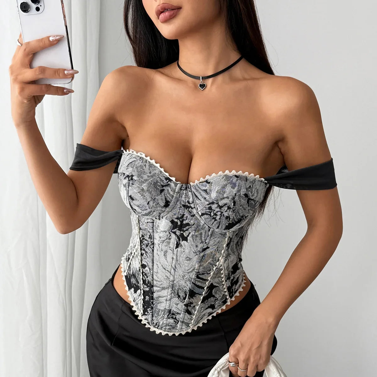 Retro Red Floral Print Corset Tank Top Sexy Back Criss Cross Bandage Bustier Lace Trim Night Club Party Slim Fishbone Camisole