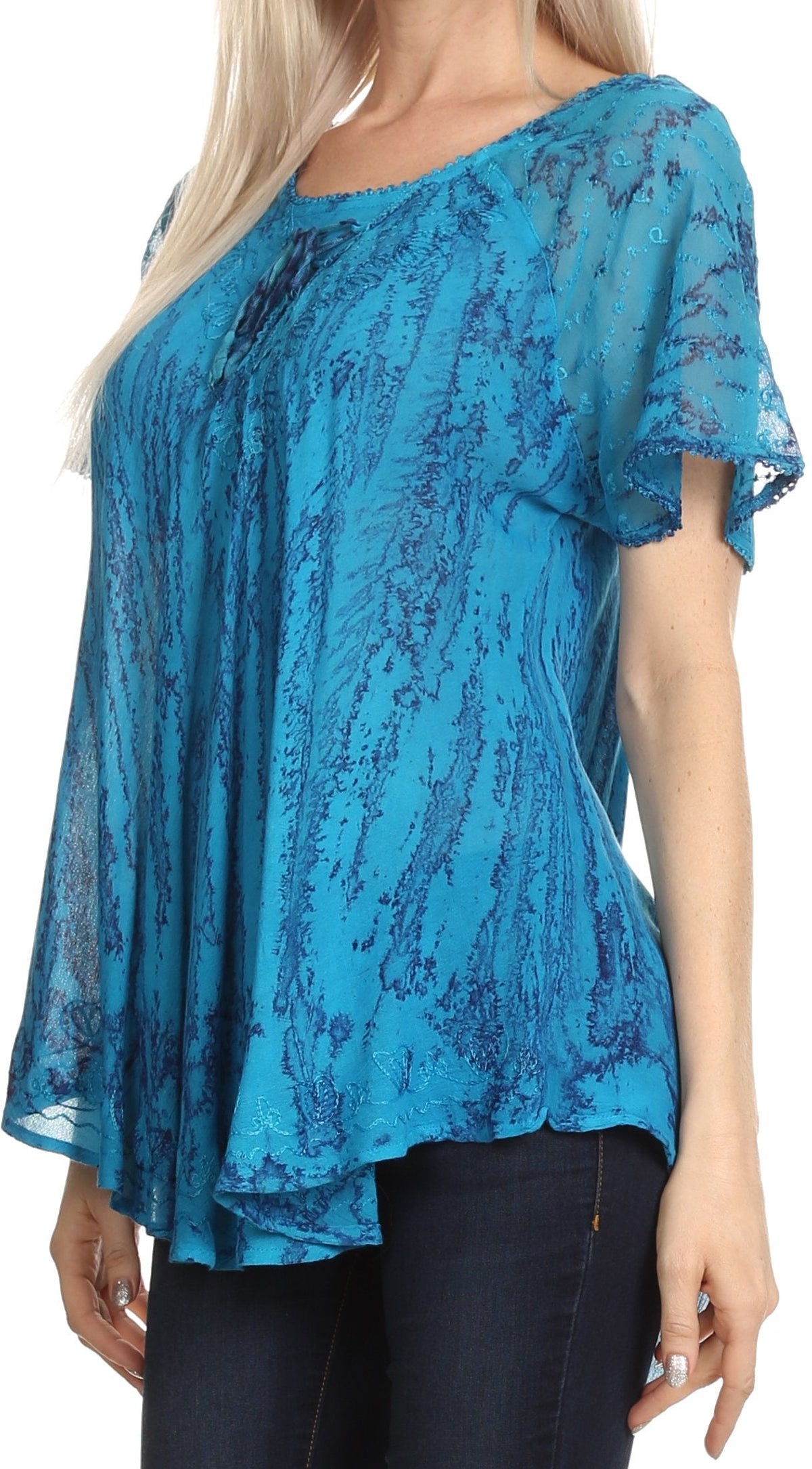 Sakkas Zoya Marbled Embroidery  Cap Sleeves Blouse / Top