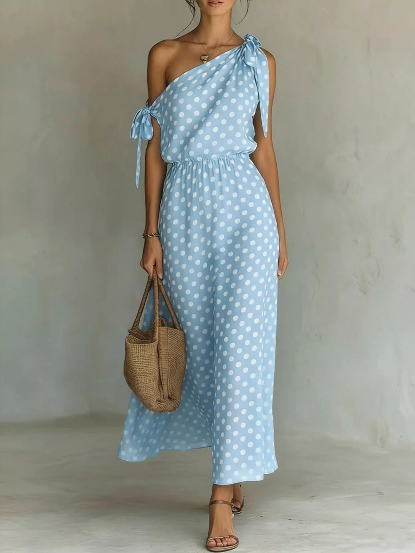 Full Size Polka Dot One-Shoulder Maxi Dress with Tie Details Plus Size