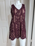 Retro Y2K C-Neck Sleeveless Lace Tunic Dress in Deep Plum Women's Medium