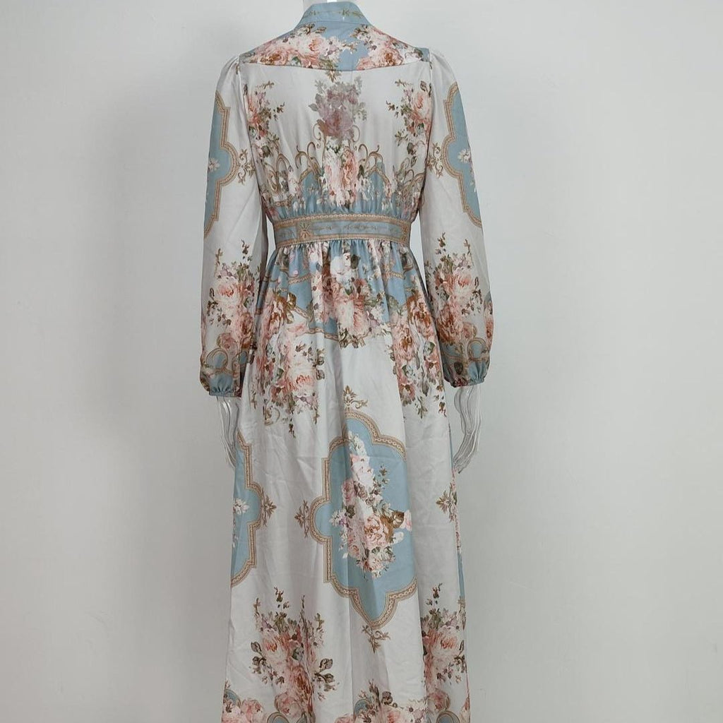 Vintage Floral Maxi Dress | V-Neck Long Sleeve Victorian Style Dress(MA378)